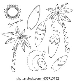 vector black white contour simple sketch of  surf palm tree and sun