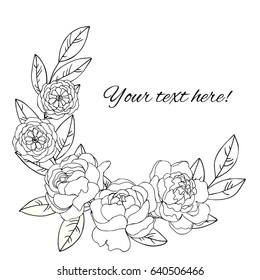 Vector Black White Contour Simple Sketch Of  Peony Decorative Flowers And Leaves Wreath