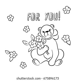 vector black white contour simple sketch of  decorative bear with flowers and words for you
