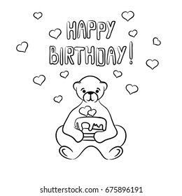 vector black white contour simple sketch of  decorative bear with cake and hearts and words happy birthday