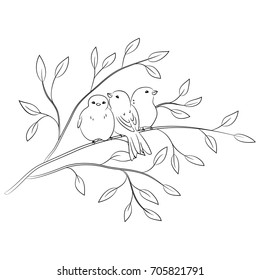 vector black white contour simple illustration of bird on the branch tree