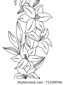 vector black white contour simple illustration of lily flowers