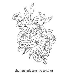 vector black white contour simple illustration of lily rose flowers