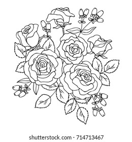 vector black white contour simple illustration of rose flower bouquet with berries