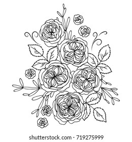 vector black white contour simple illustration of rose bouquet