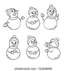 vector black white contour simple illustration of  snowman set