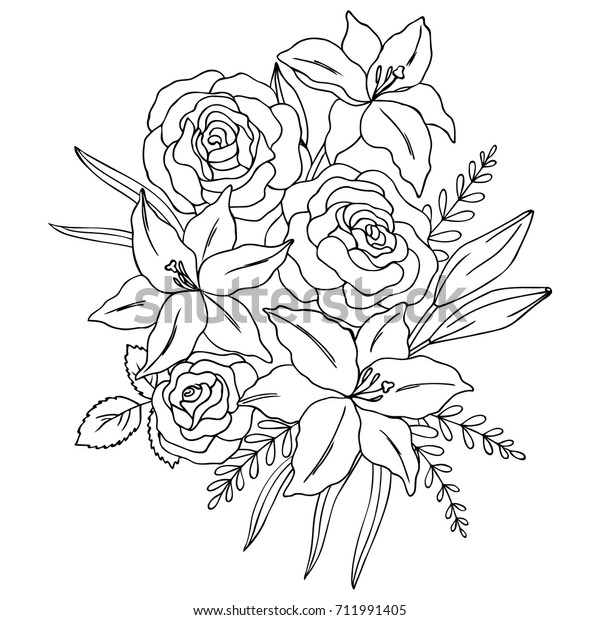 百合バラの花のベクター画像の黒い白の輪郭の簡単なイラスト の