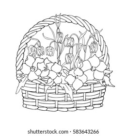 vector black white contour sketch of wild flowers in the basket