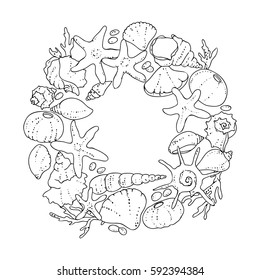 vector black white contour sketch of sea shells frame