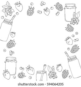vector black white contour sketch of border line of raspberry strawberry blueberry jar frame
