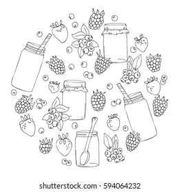 vector black white contour sketch of border line of raspberry strawberry blueberry jar frame