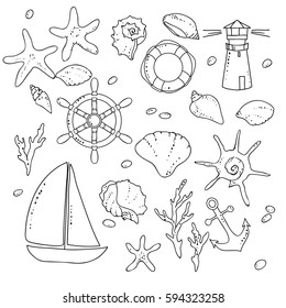 vector black white contour sketch of sea yacht shells set