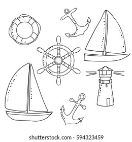 vector black white contour sketch of sea yacht lighthouse sailing set