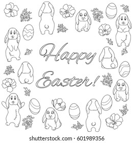 vector black white contour sketch of rabbits bunny flowers eggs square pattern with words happy Easter
