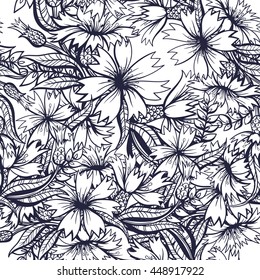 Vector Black and White Cornflower Seamless Pattern