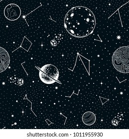 Vector Black and White Cosmos  Seamless Pattern