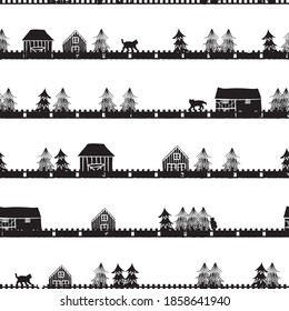 Vector black white cottages trees seamless pattern