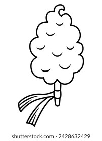 Vector black and white cotton candy on stick decorated with band. Fairytale line themed birthday dessert. Cute magic candy bar design element. Sweet caramel icon or coloring page
