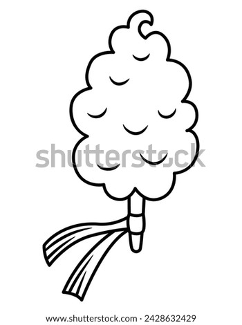 Vector black and white cotton candy on stick decorated with band. Fairytale line themed birthday dessert. Cute magic candy bar design element. Sweet caramel icon or coloring page
