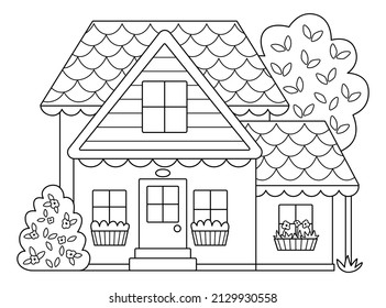 Vector Black And White Country House Line Icon Isolated On White Background. Farm Cottage Illustration Or Coloring Page. Cute Wooden Home With Bush, Windows, Trees. Rural Or Garden Landscape
