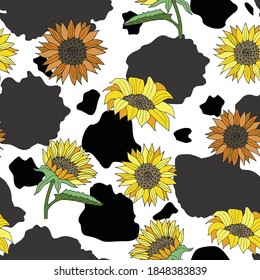 Vector Black and White Cow Print with Sunflowers seamless pattern background from the Country Sunflower Collection. Features a brown cow hide print with a floral sunflower pattern. Good for fashion