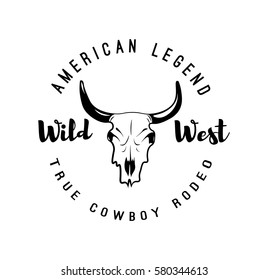 Vector black and white Cow Skull Design Element. Skeleton Bull Head Logo, Label or Badge for rodeo