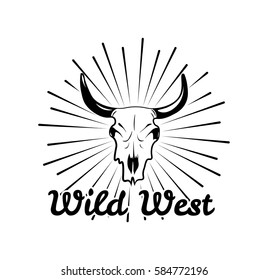 Vector black and white Cow Skull Design Element. Skeleton Bull Head Logo, Label or Badge for rodeo