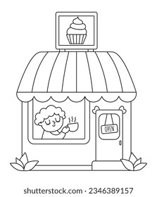 Vector black and white cozy cafe with man drinking tea isolated on white background. Small coffee house line illustration or coloring page. Cute kiosk with pastry and cakes
