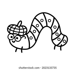 Vector Black And White Crawling Caterpillar In Pumpkin Hat And Glasses. Funny Woodland Insect Line Icon. Cute Book Worm Outline Illustration. Autumn Or Thanksgiving Day Bug
