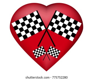 Vector black and white crossed racing checkered flags clipart on a red heart background, white background