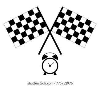 Vector black and white crossed racing checkered flags clipart on a white background, black alarm clock