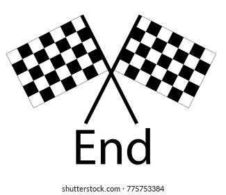 Vector black and white crossed racing checkered flags clipart on white background, inscription end