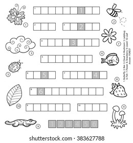 Vector black and white crossword, education game for children about nature