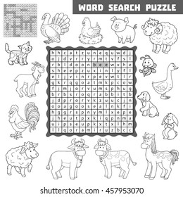 Vector black and white crossword, education game for children about farm animals and pets. Word search puzzle