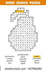 Vector black and white crossword, education game for children about fruits. Word search puzzle