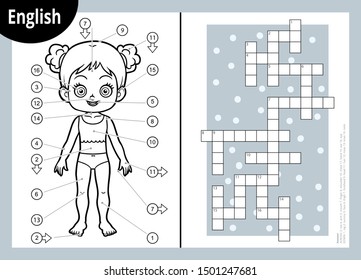 Vector black and white crossword in English, education game for children about the human body. My body parts for a girl. 