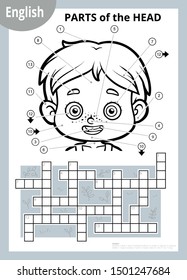 Vector black and white crossword in English, education game for children about the human body. My head parts for a boy. 