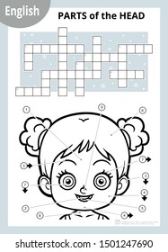 Vector black and white crossword in English, education game for children about the human body. My head parts for a girl. 