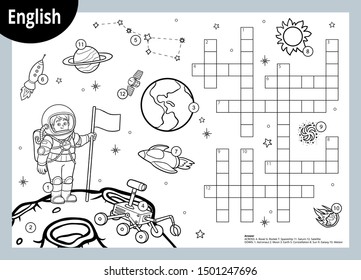 Vector black and white crossword in English, education game for children about space. Cartoon astronaut and cosmic objects