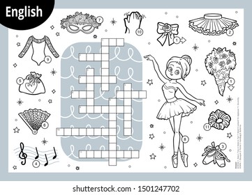 Vector black and white crossword in English, education game for children. Cartoon ballerina and dancing objects