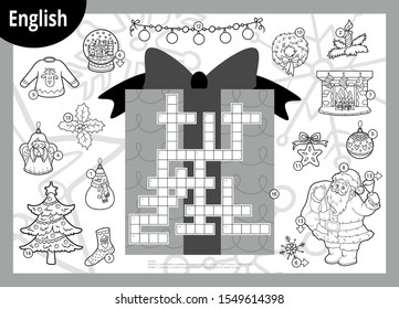 Vector black and white crossword in English, education game for children. Santa Claus and Christmas items