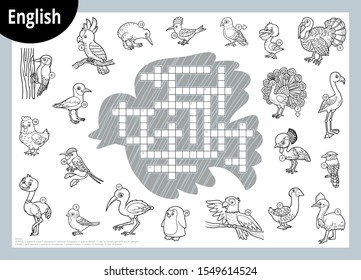 Vector black and white crossword in English, education game for children. Cartoon set of various birds