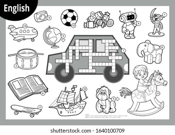 Vector black and white crossword in English, education game for children. Cartoon set of toys and items for boys