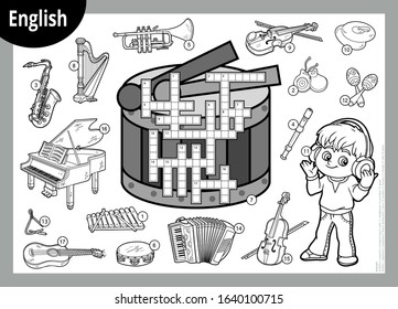 Vector black and white crossword in English, education game for children. Cartoon boy in headphones and set of musical instruments