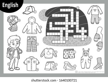 Vector black and white crossword in English, education game for children. Cartoon set of clothes for boy