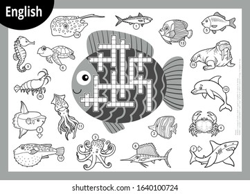 Vector black and white crossword in English, education game for children. Cartoon set of sea animals