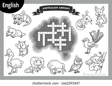 Vector black and white crossword in English, education game for children. Cartoon animals of Australia