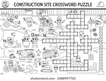 Vector black and white crossword puzzle for kids with construction site landscape. Quiz with workers, industrial vehicles. Educational cross word activity or coloring page with building works scene
