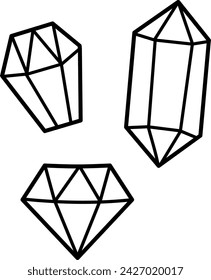 Vektor schwarze und weiße Kristalle. Konzept der Einhornschätze. Umrisse von Diamantsymbolen. Magische oder märchenhafte Edelsteinliniendekoration für Karten isoliert auf weißem Hintergrund. Nette Farbseite

