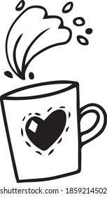 Vector de taza blanca y negra con decoración y salpicaduras de agua. Arte de línea plana en estilo doodle. Mugre suave con decoración